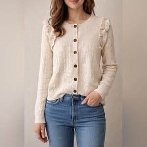 Cupcakes and Cashmere Women’s Button Up Ruffle Ivory Cardigan Size Small